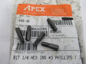 446-3x Apex #3 Phillips 1/4 Inch Hex Insert Bits Limited Clearance Pk 5