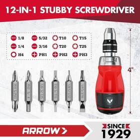 Ht04022 Arrow Fastener 12-in-1 Multi Bit Ratchet Stubby Ratcheting Screwdriver Set S2 Steel Usa