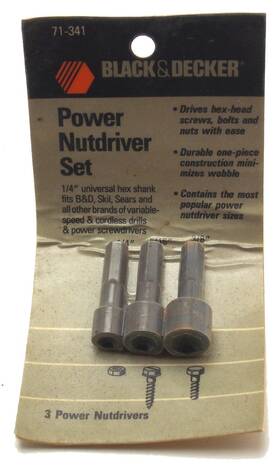 71-341 Black Decker And 3 Piece Power Nutdriver Set 1/4 Inch Hex Shank 5/16 3/8