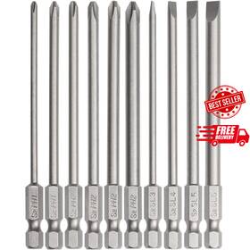 Colomira 445048652607 Long Screwdriver Bit Set 10 Pcs Magnetic Slotted Phillips Drill 1/4 In