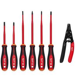 Milwaukee 882346295193 1000volt Insulated Slim Tip Screwdriver Set With 20-32 Awg Wire Stripper
