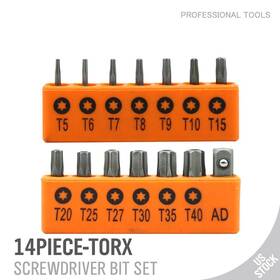 94253 Miniduino 14pc Torx Hex Bit Set Security Tamper Proof Torq Star Resistant S2 Steel T5 -t40