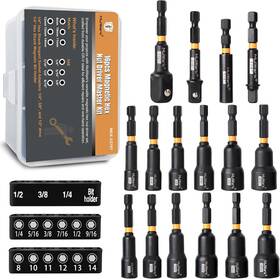 Mulwark 726084905207 Magnetic Nut Driver Set 16 Pcs Impact Bit - Deep 1/4 Inch Hex Sha