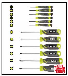 Ryobi 445035373300 Screwdriver Set 12-piece With Cushion Grip Handles Precision Kit Tip