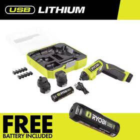 Ryobi 445043893852 Usb Lithium Multi-head Screwdriver Kit With 2 Ah Battery Charging Cable And Free