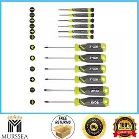 Rhsds04 Ryobi Screwdriver Set 12-piece With Cushion Grip Handles Precision Kit Tip