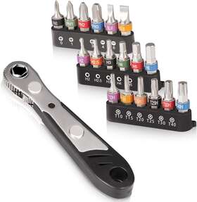 Tonsiki 696396403558 19pcs 1/4 Mini Ratchet Wrench Offset Screwdriver Bit Set S2 Steel Right Angle