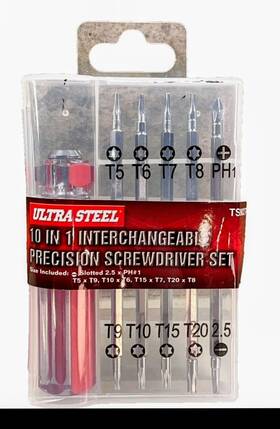 Ts90274a Ultra Steel 10 In 1 Precision Screwdriver Kit Interchangeable Torx T5 T20 Ph1 And Flat Bits