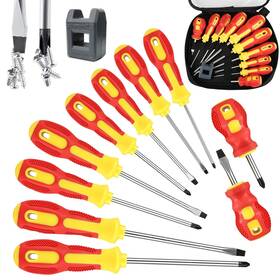 Vheonet 385606387633 10pc Magnetic Screwdriver Set Flat Phillips Non-slip Grip Red Yellow