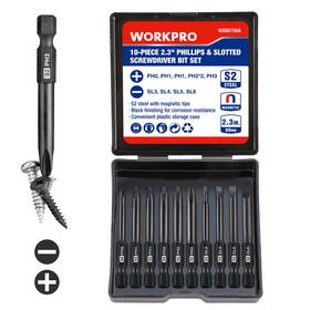 000756 Workpro 10pc Slotted Phillips Screwdriver Bit Magnetic 1/4 Inch Hex Shank Driver