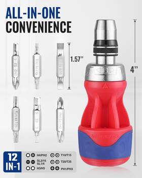 021836 Workpro 12-in-1 Stubby Ratcheting Multi-bit Screwdriver Premium S2 Steel Usa