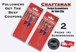 2 Pack Craftsman Phillips & Slotted Small Pocket Screwdriver Set With Shirt Clip. Fixed Price $20.99.