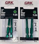 Lot Of Grk T-25, 2-IN. Green Steel Star Bits: Two 2-PACKS = Bits, 187443. Fixed Price $12.70.
