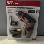 Hyper Tough 4V Cordless Rotating Screwdriver, 2-POSITION Handle, Led, Bits. Fixed Price $15.99.
