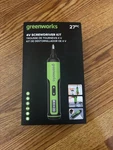 New Greenworks 4V Wireless Screwdriver Kit 27PC. Fixed Price $24.00.
