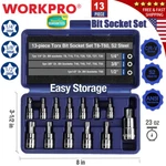 Workpro 13PC 1/4" 3/8" 1/2" Drive Torx Bit Socket Set T8-T60 Star. Fixed Price $20.49.
